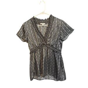 Brannan y2k Womens Black & White Printed Blouse M Polyester Short Sleeve Smocked